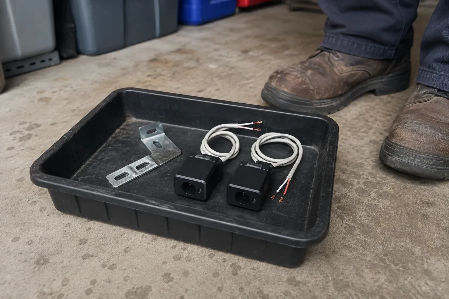 Two detached black sensors with recessed lenses and coiled wires lie in a tray beside a mounting bracket. — Photo-Eye Sensor Alignment or Replacement, Toronto