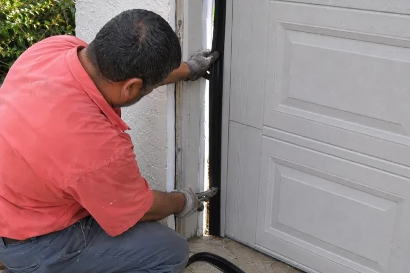 Gloved person holding a black strip along the side of a sectional garage-door opening — Garage Door Perimeter Weatherstrip, Toronto