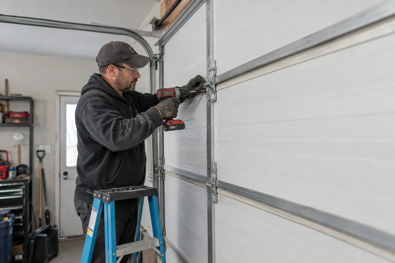 Technician on a blue ladder using a red cordless drill at a steel hinge on a white sectional garage door.