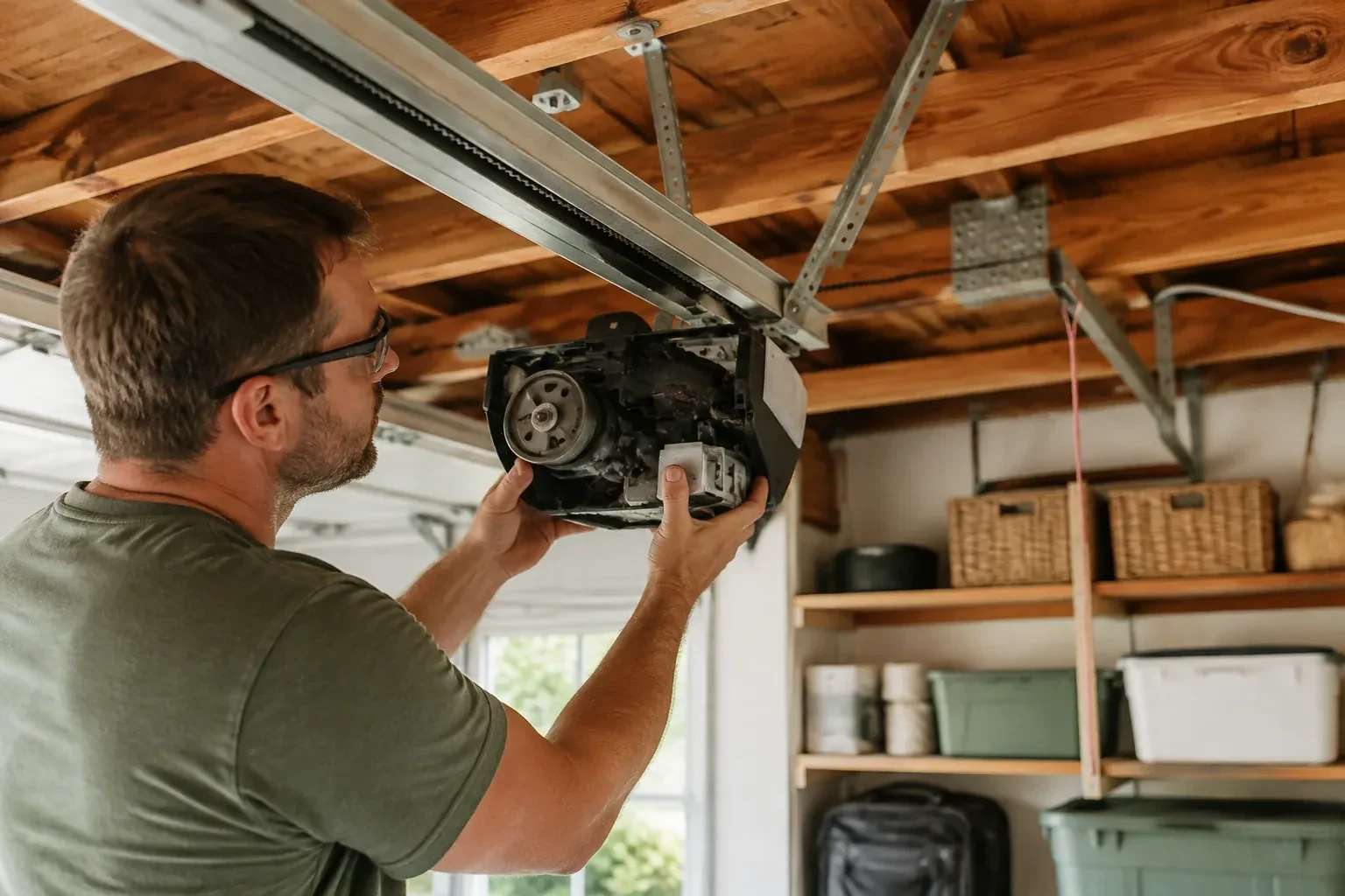 Person in a green shirt and glasses holding an opened opener housing that shows a gear, under wooden ceiling joists. — Belt-Drive Opener Repair, Toronto