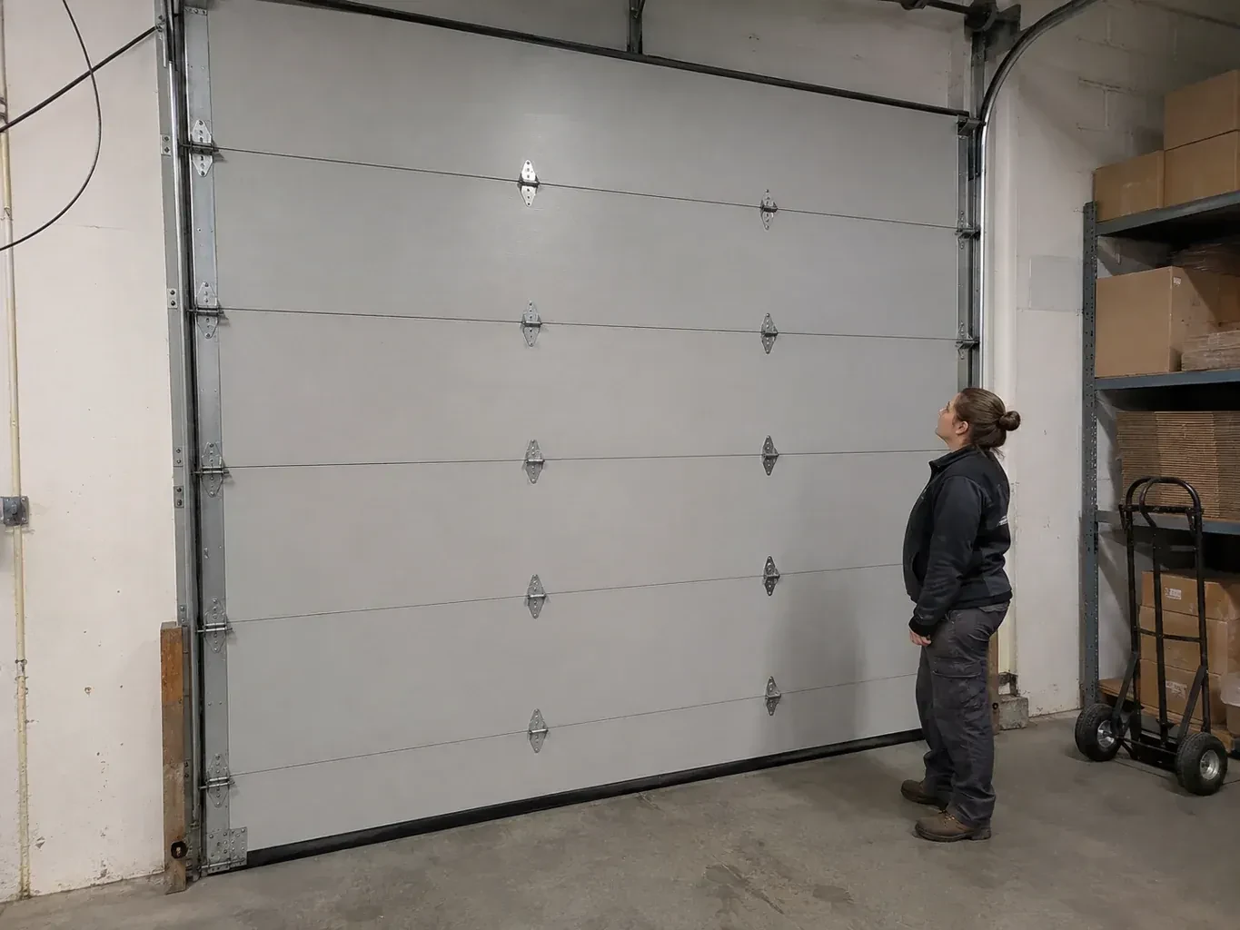 A person looks at a tall closed sectional door with broad panels, hinges and side tracks in a warehouse. — Commercial Sectional Door Repair, Toronto