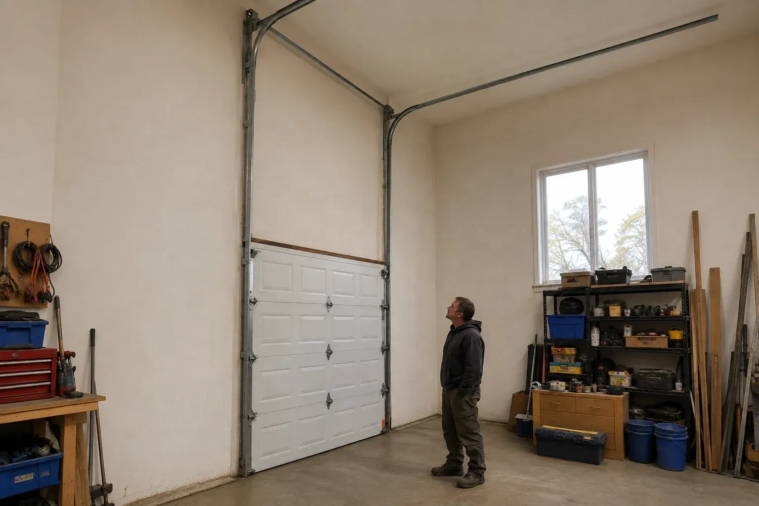 Vertical tracks extend above a closed garage door before curving near a high ceiling, while a person looks upward. — High-Lift Garage Door Conversion, Toronto